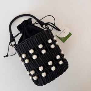 NWT Kate Spade Target Pearl Beaded Basket Bucket Bag Black Wicker Summer Purse